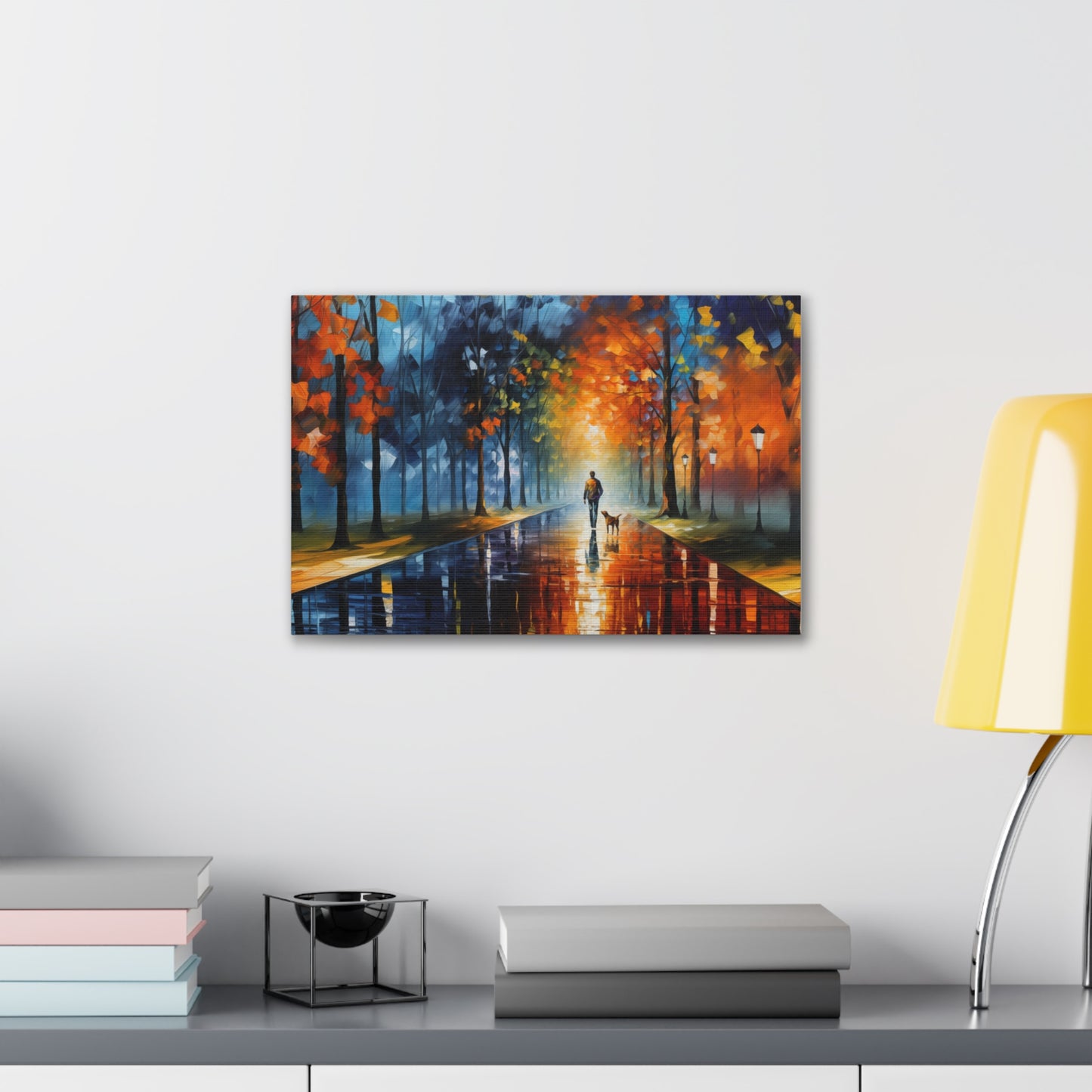 Man and Mutt Walking On Colorful Shiny Rainy Road - Canvas Gallery Wraps