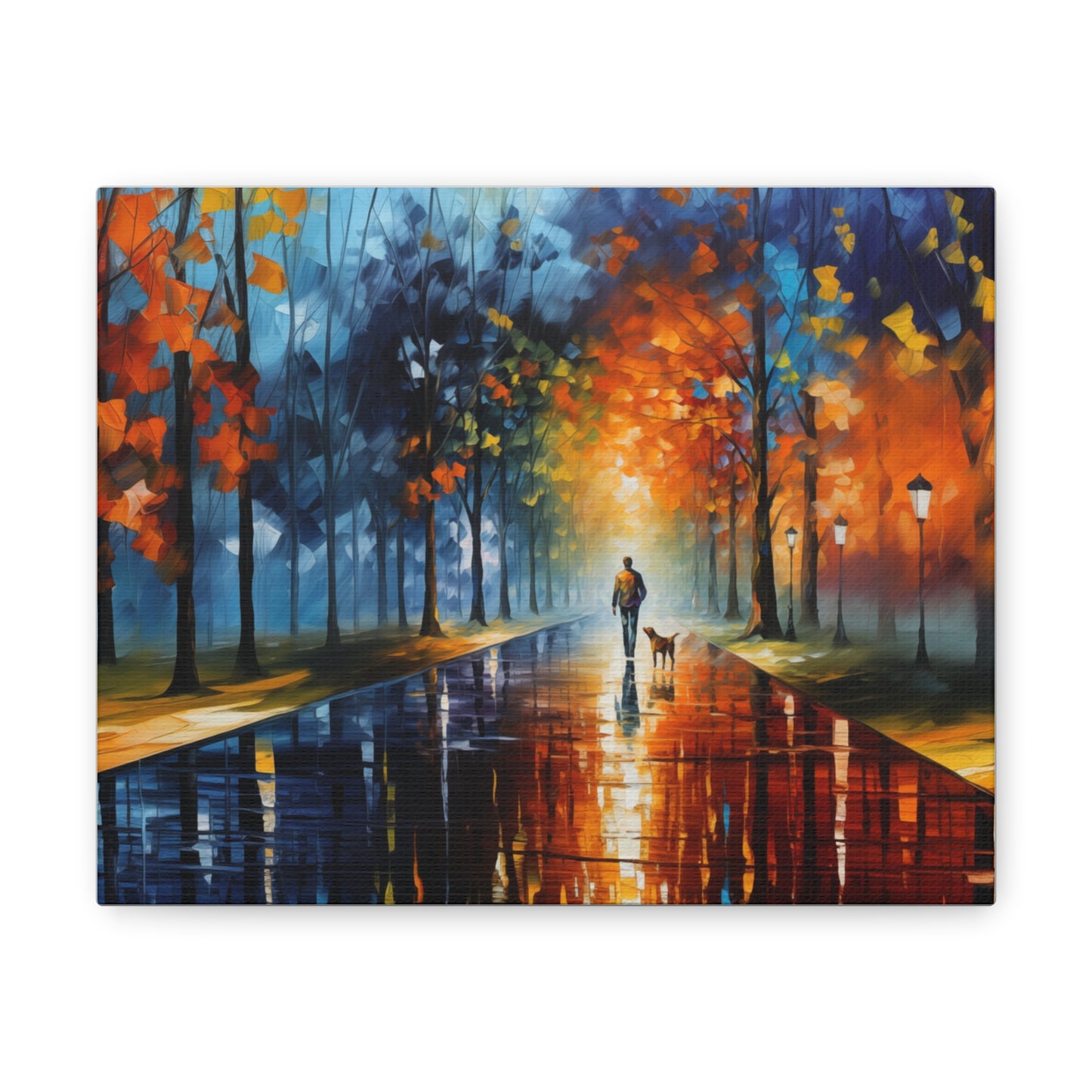 Man and Mutt Walking On Colorful Shiny Rainy Road - Canvas Gallery Wraps