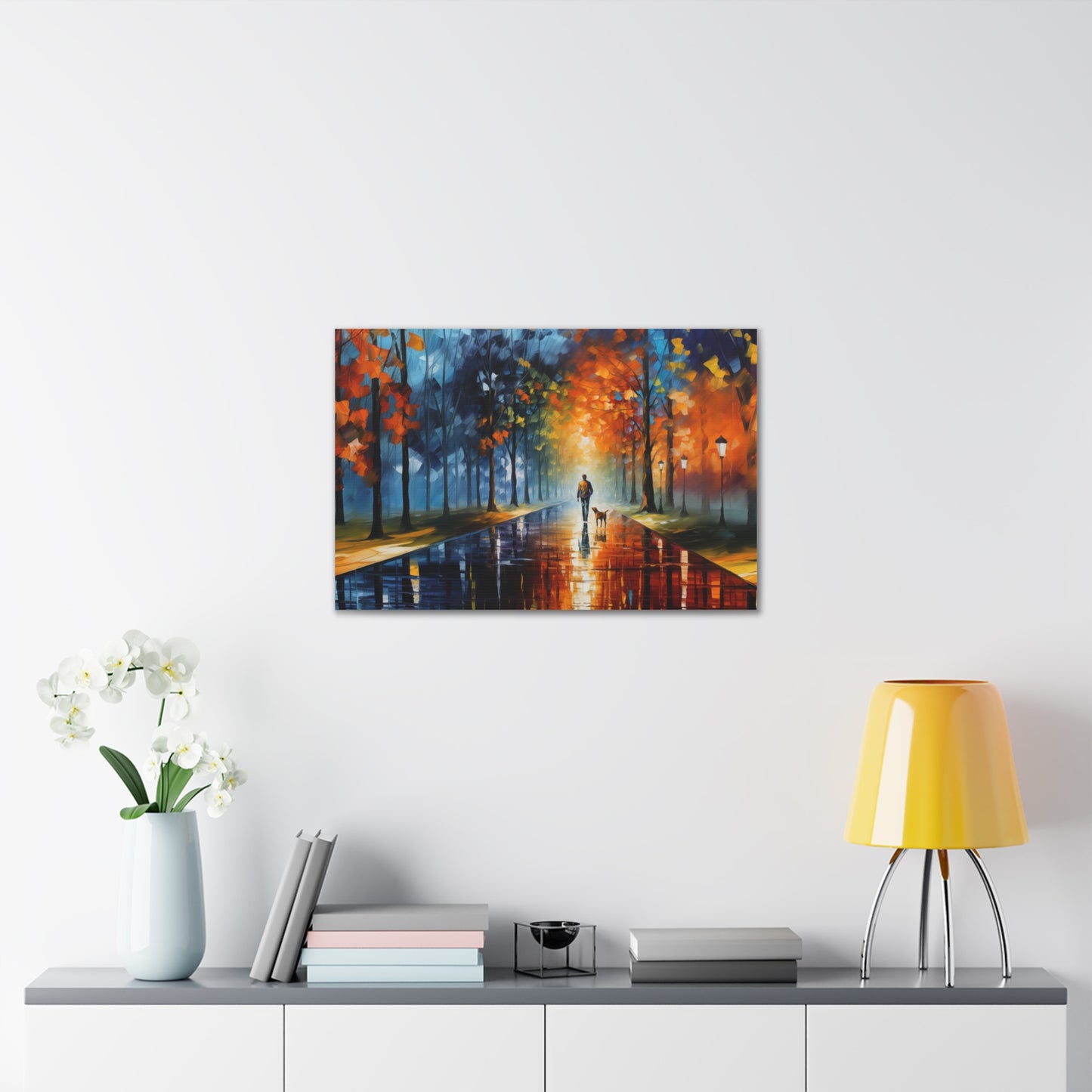 Man and Mutt Walking On Colorful Shiny Rainy Road - Canvas Gallery Wraps