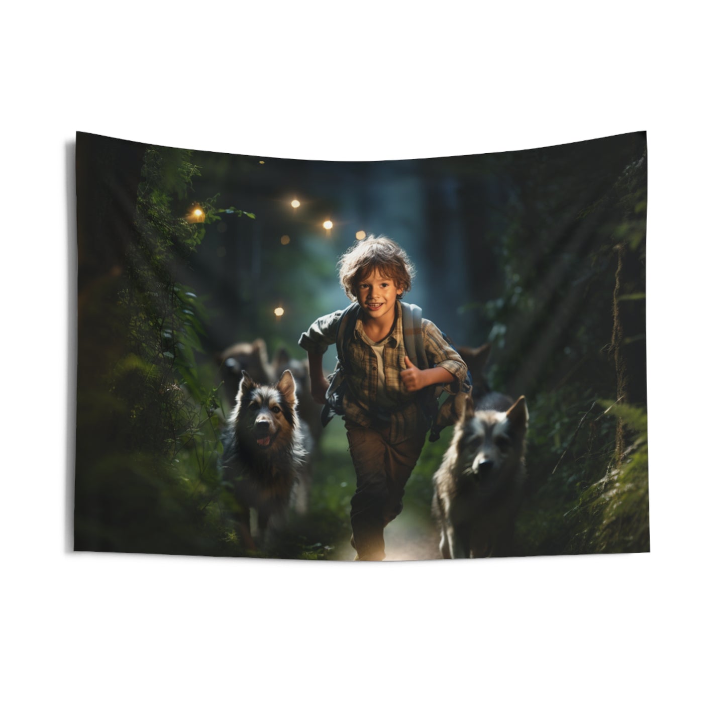 Boy Runs With Dogs At Night - Hanging Wall Tapestry