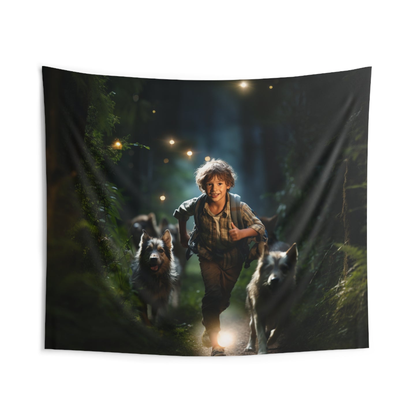 Boy Runs With Dogs At Night - Hanging Wall Tapestry