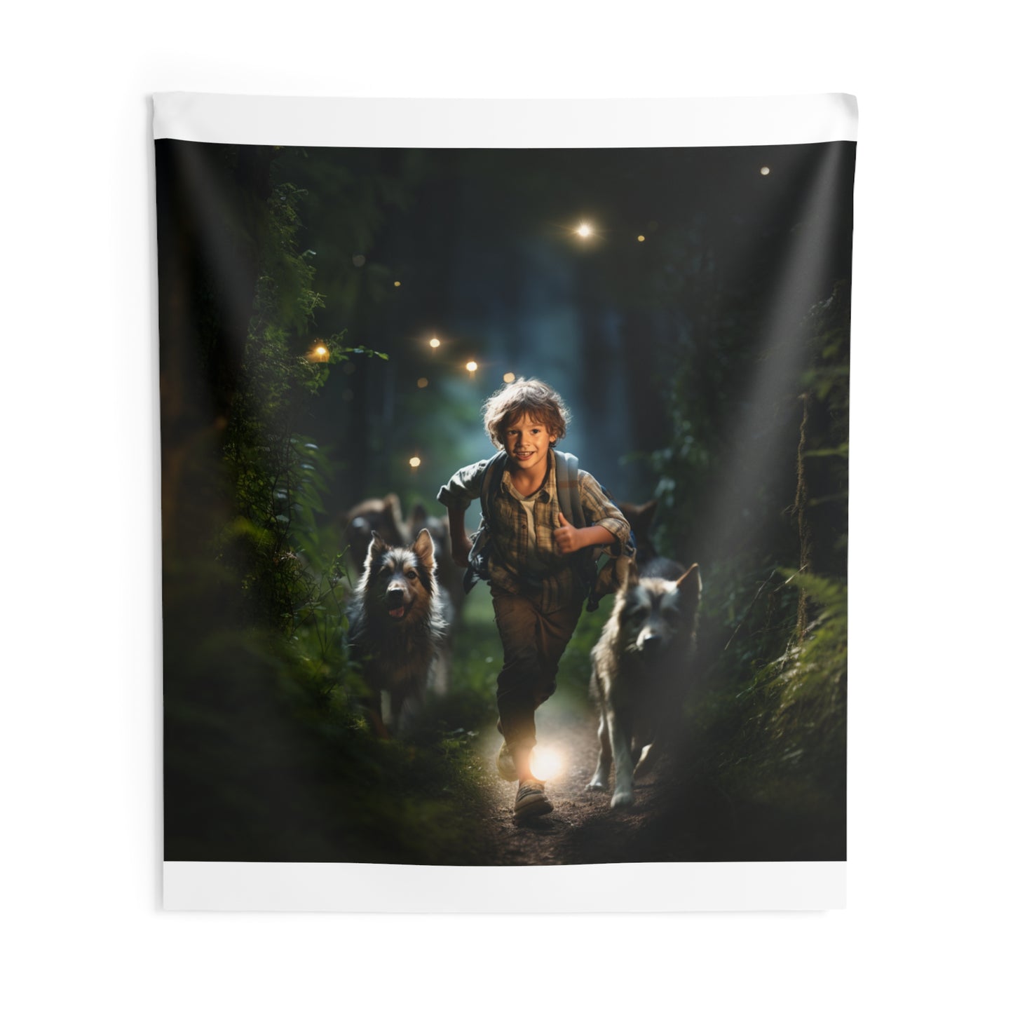 Boy Runs With Dogs At Night - Hanging Wall Tapestry