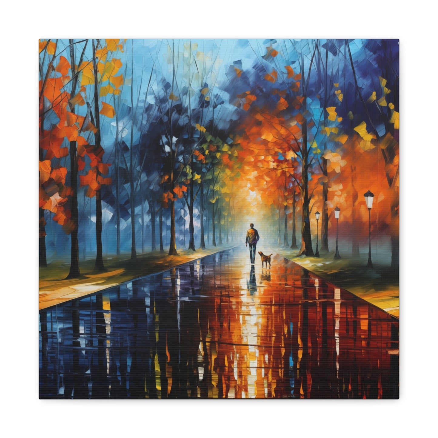 Man and Mutt Walking On Colorful Shiny Rainy Road - Canvas Gallery Wraps