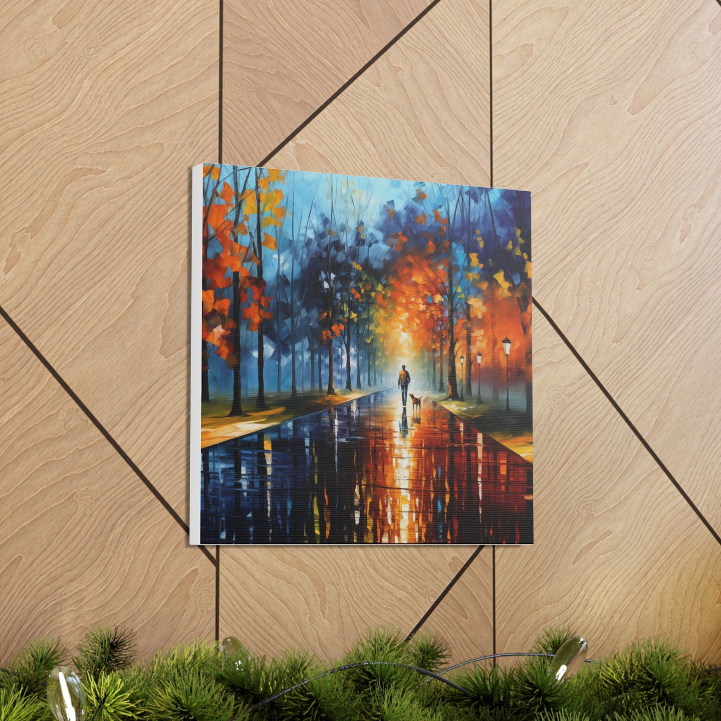 Man and Mutt Walking On Colorful Shiny Rainy Road - Canvas Gallery Wraps