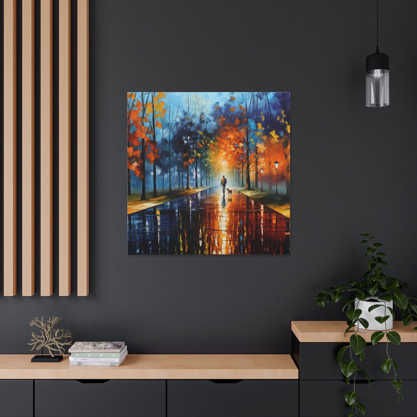 Man and Mutt Walking On Colorful Shiny Rainy Road - Canvas Gallery Wraps