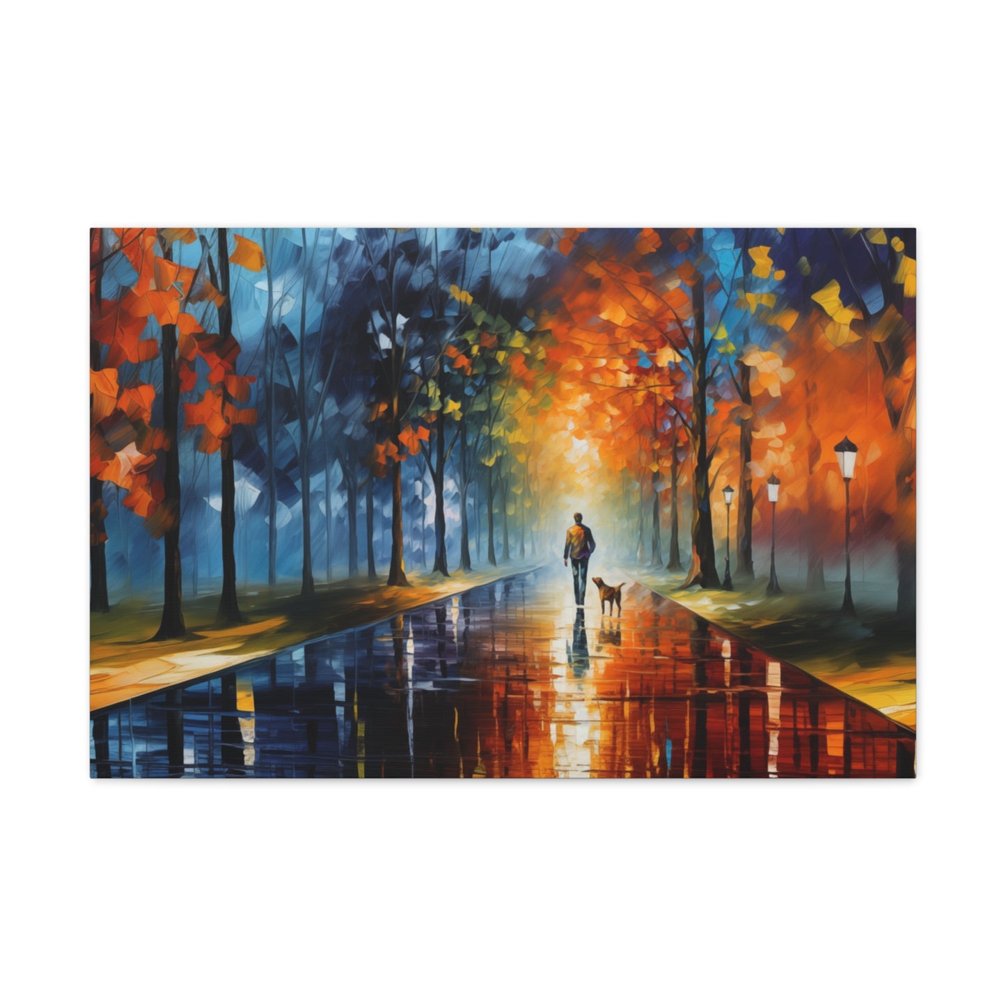 Man and Mutt Walking On Colorful Shiny Rainy Road - Canvas Gallery Wraps