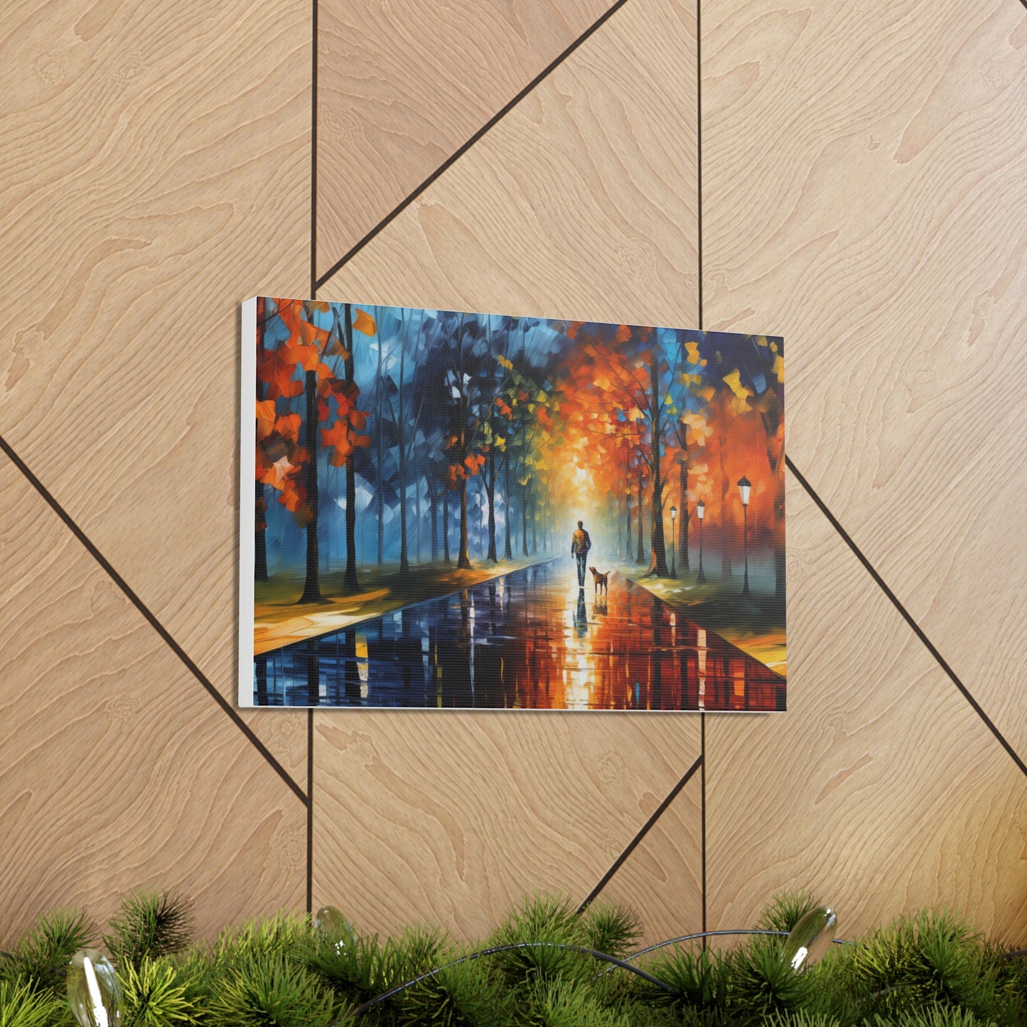 Man and Mutt Walking On Colorful Shiny Rainy Road - Canvas Gallery Wraps