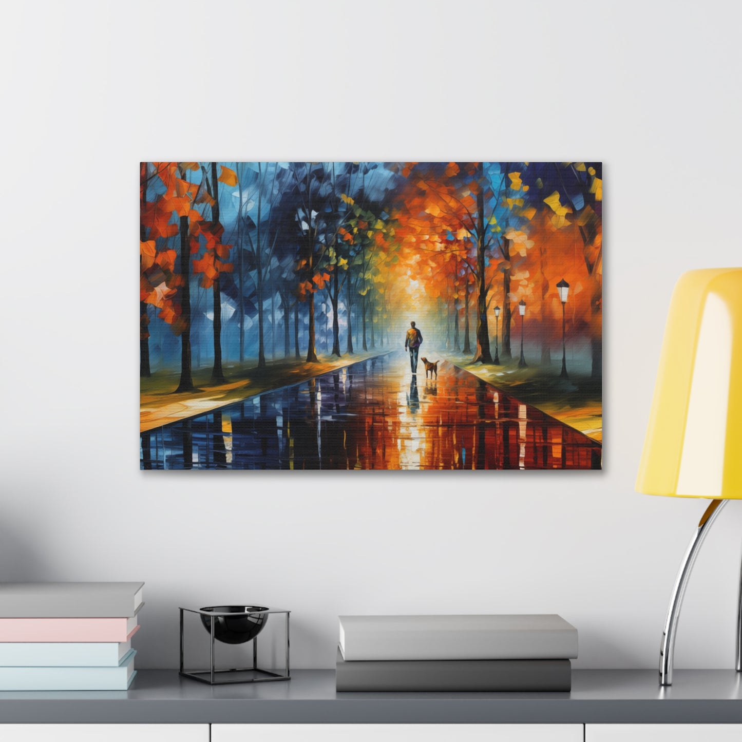 Man and Mutt Walking On Colorful Shiny Rainy Road - Canvas Gallery Wraps