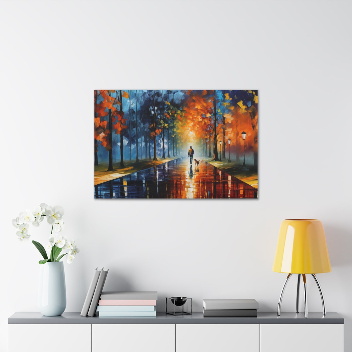 Man and Mutt Walking On Colorful Shiny Rainy Road - Canvas Gallery Wraps