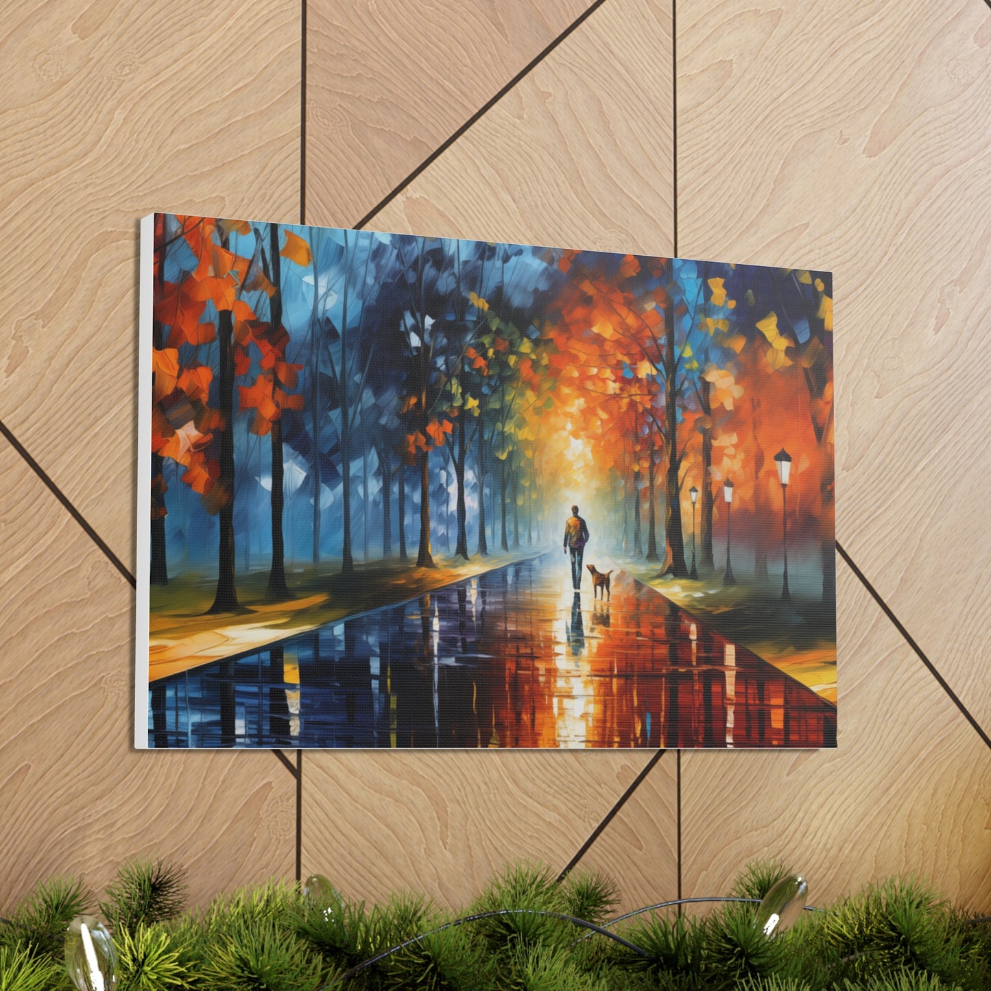 Man and Mutt Walking On Colorful Shiny Rainy Road - Canvas Gallery Wraps