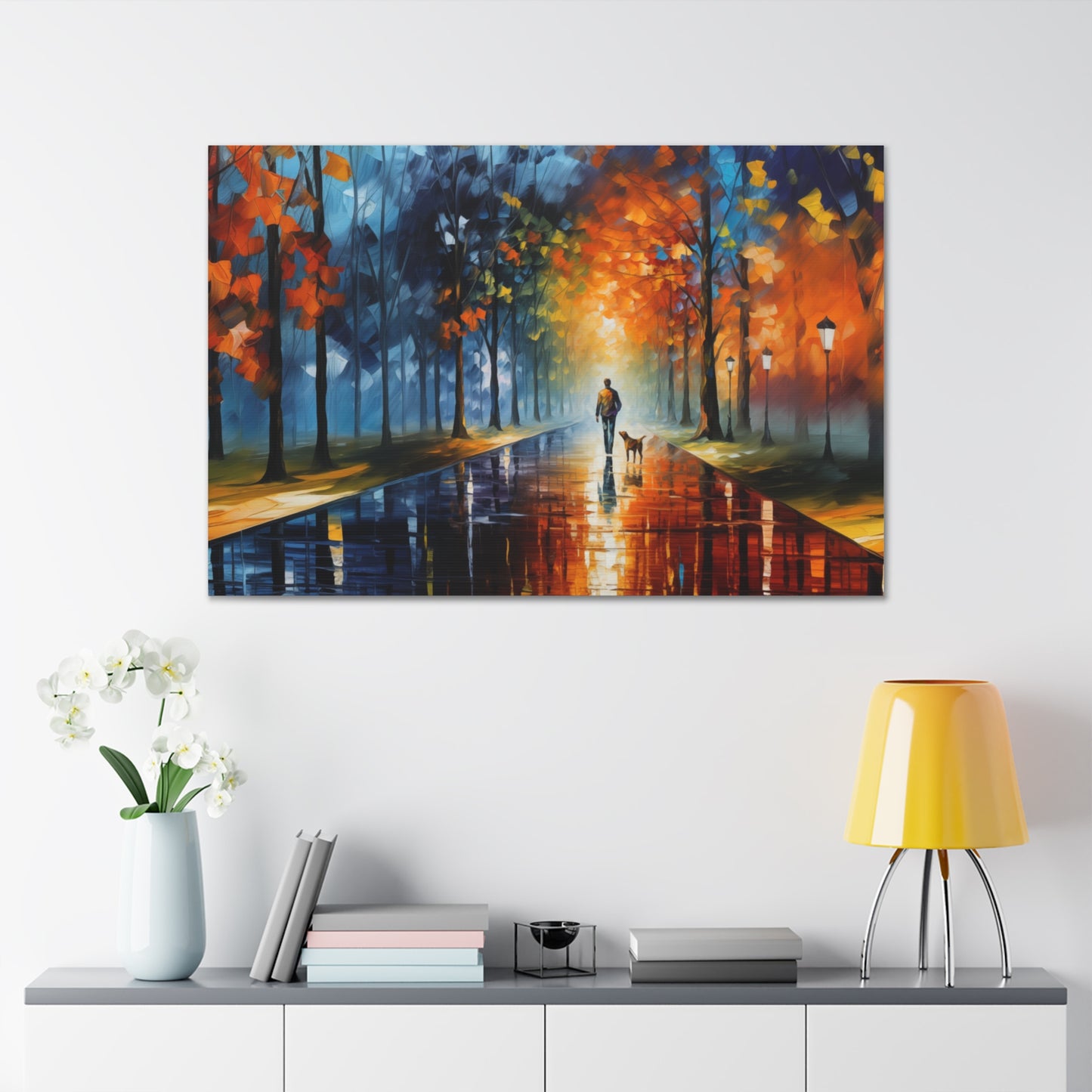 Man and Mutt Walking On Colorful Shiny Rainy Road - Canvas Gallery Wraps