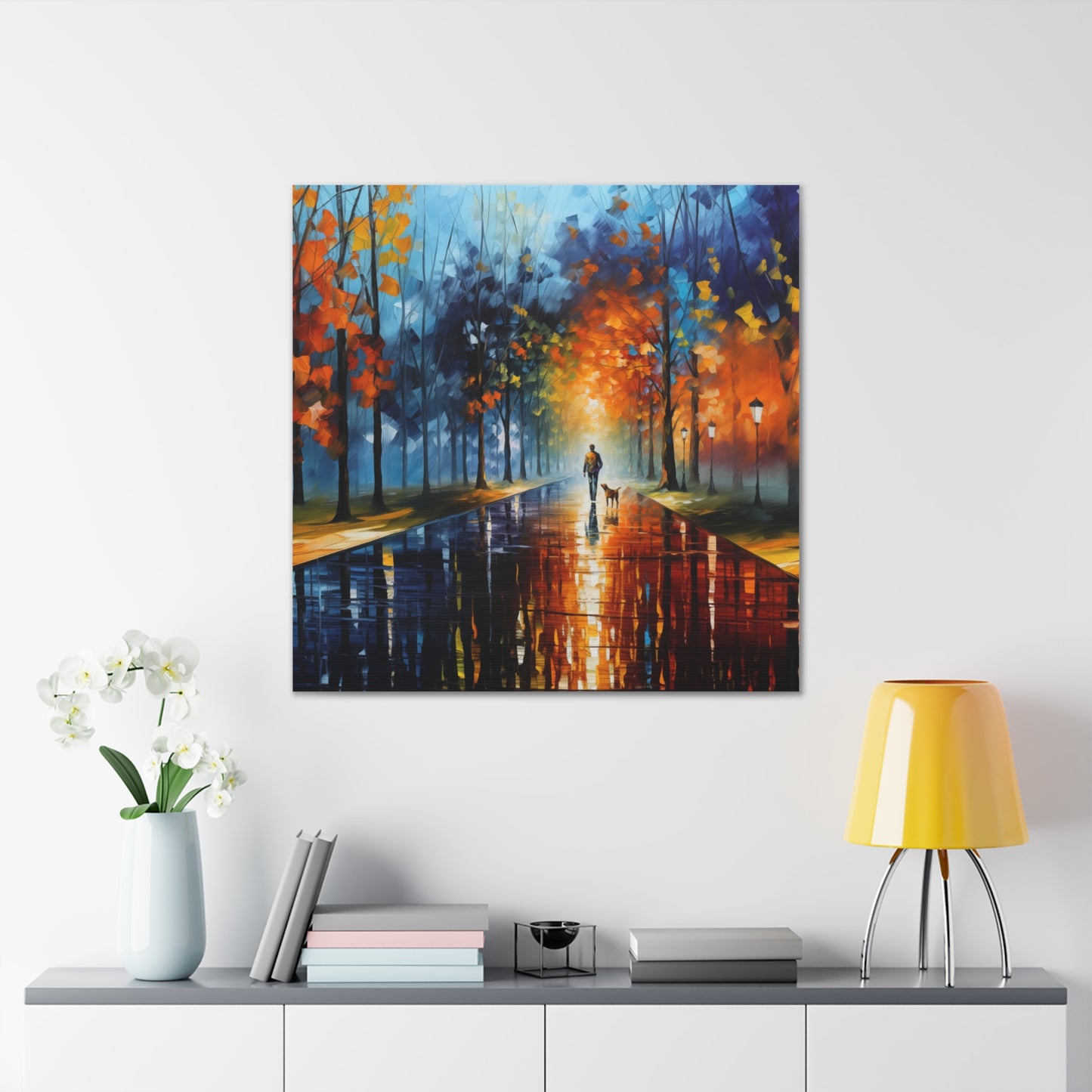 Man and Mutt Walking On Colorful Shiny Rainy Road - Canvas Gallery Wraps