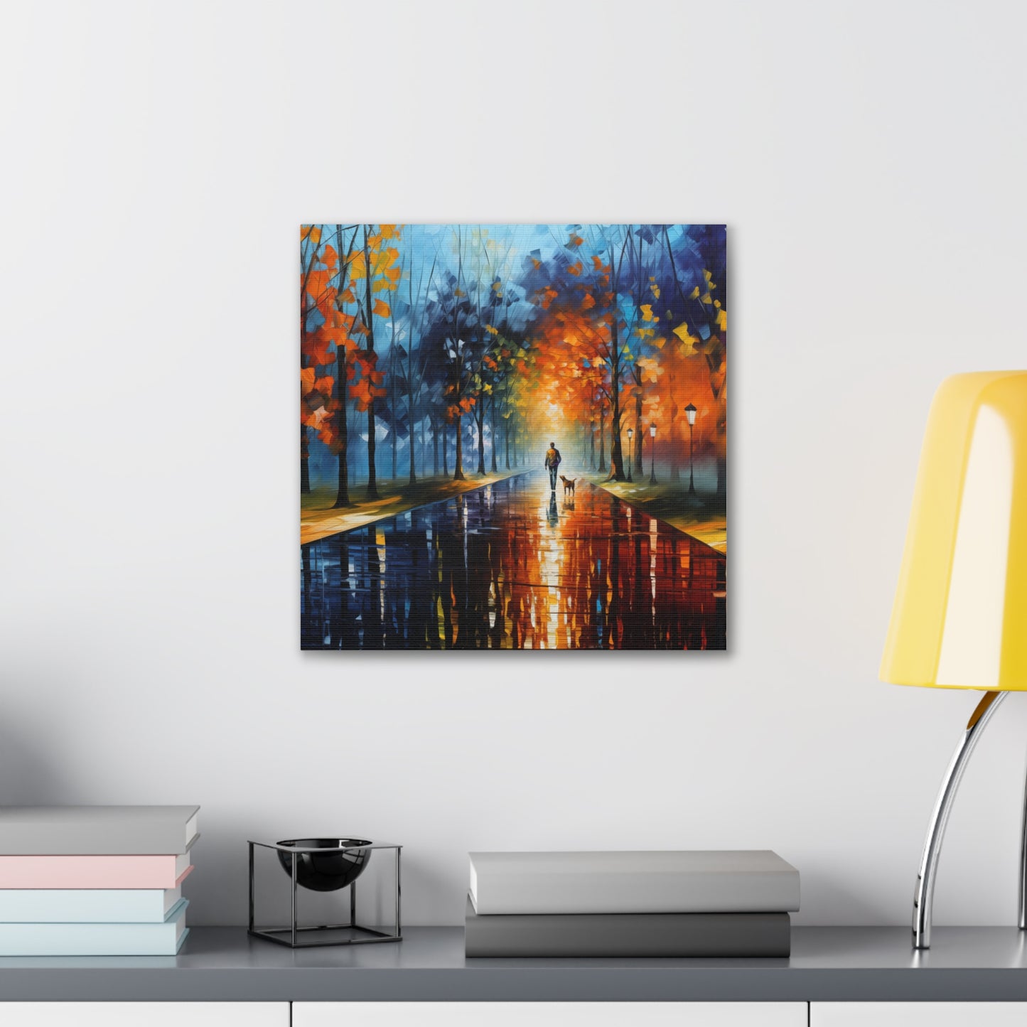 Man and Mutt Walking On Colorful Shiny Rainy Road - Canvas Gallery Wraps