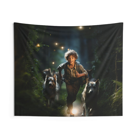 Boy Runs With Dogs At Night - Hanging Wall Tapestry