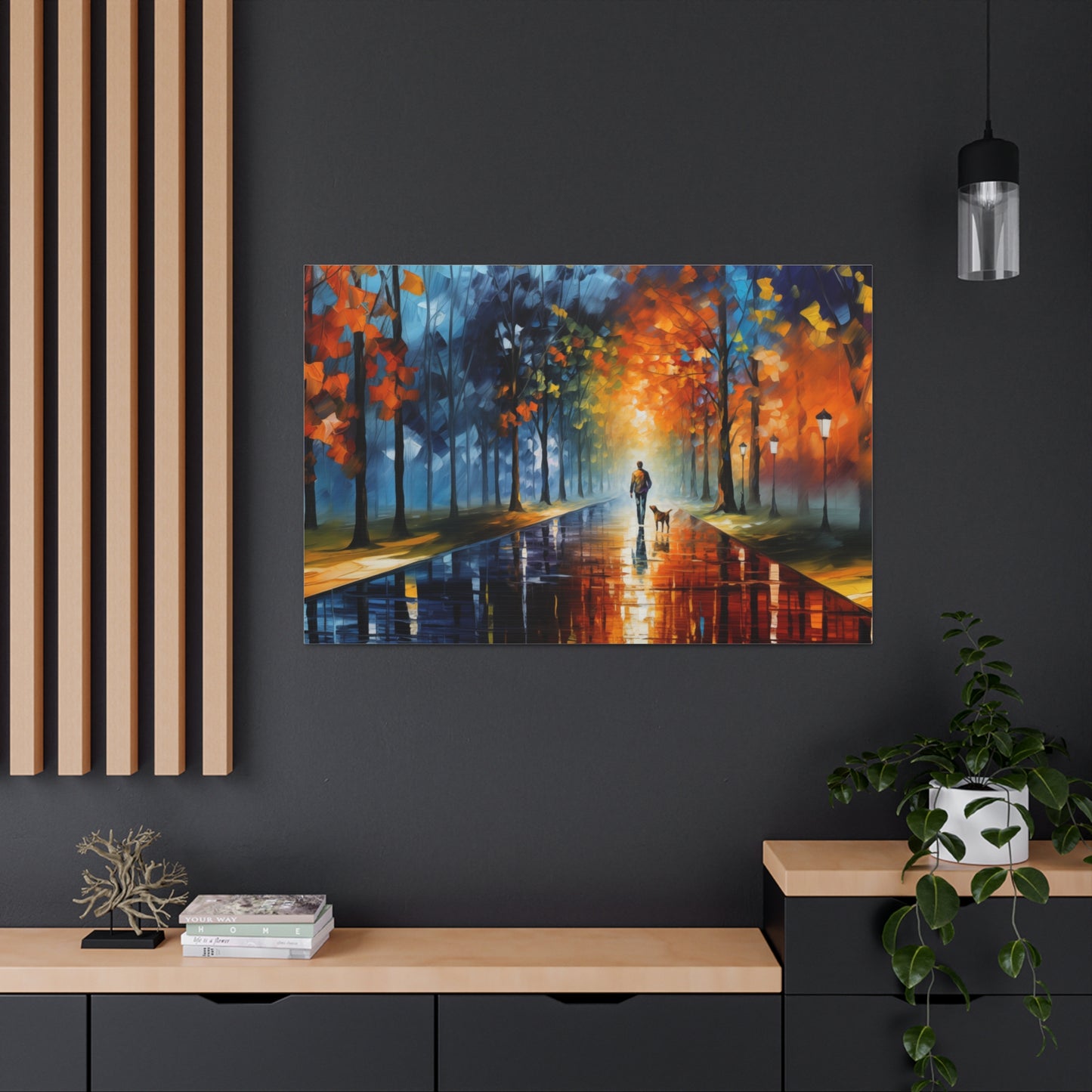 Man and Mutt Walking On Colorful Shiny Rainy Road - Canvas Gallery Wraps