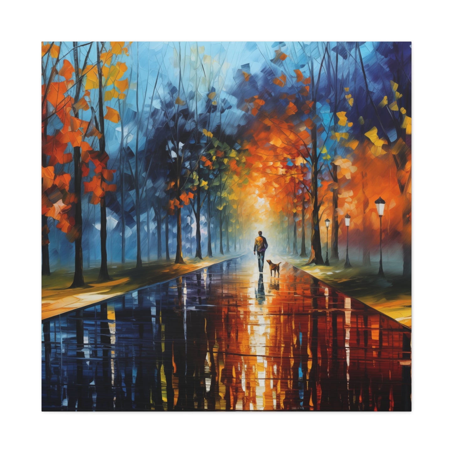 Man and Mutt Walking On Colorful Shiny Rainy Road - Canvas Gallery Wraps